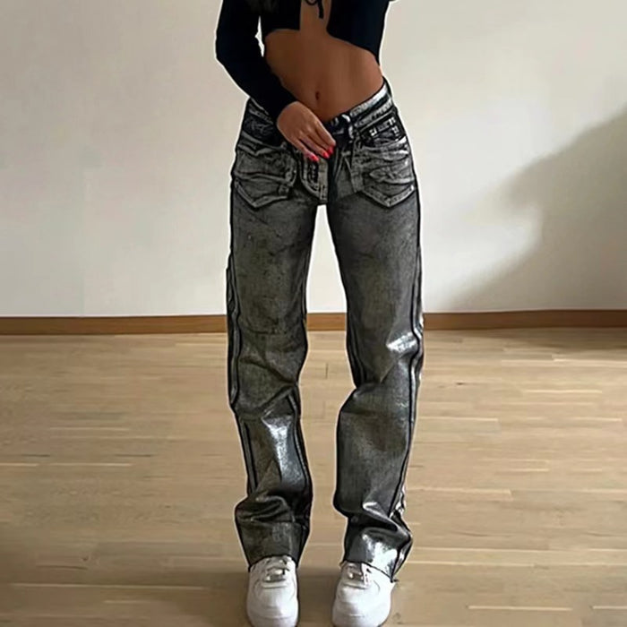 Straight Leg Pants Women Wash Bronzing Straight Leg Pants Washed Elegant Jeans