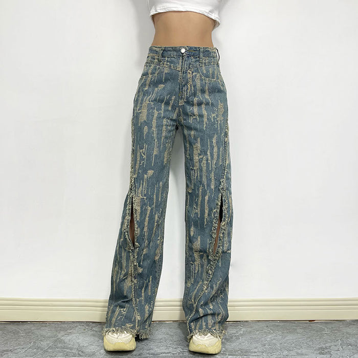 Retro High Street Sexy Tassel Skinny Jeans for Women High Waist Slimming   Burr Straight Trousers