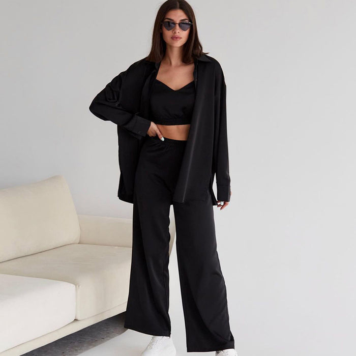 Autumn Suspender Underwear Collared Long Sleeved Shirt Trousers Three Piece Pajamas Women Section Solid Color Homewear