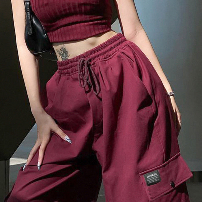 Summer Women High Waist Slimming Retro Large Loose Pockets Casual Cargo Trousers