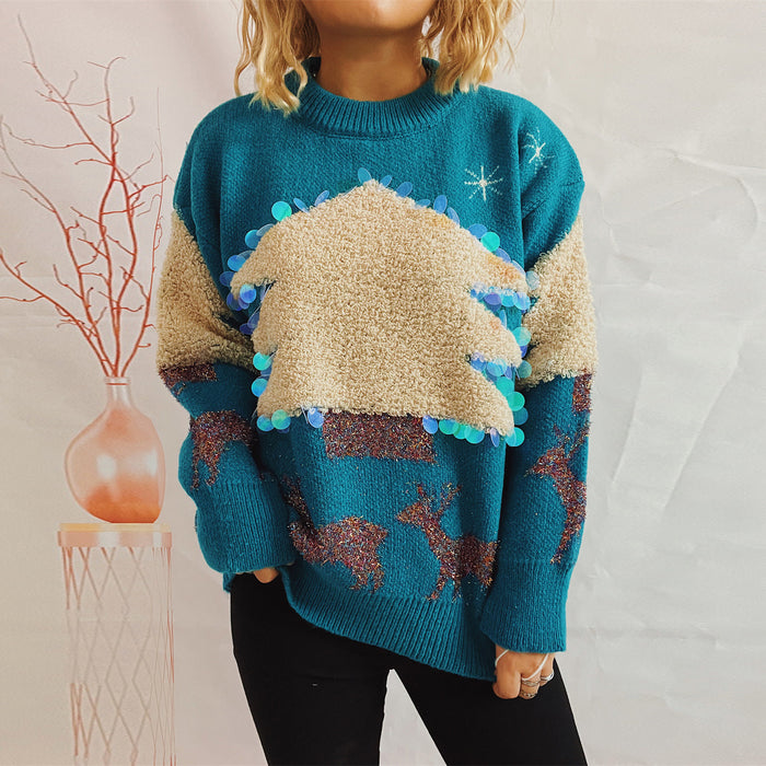 Christmas Holiday Sweater Handmade Sequined Christmas Tree Deer Jacquard Thickened Pullover