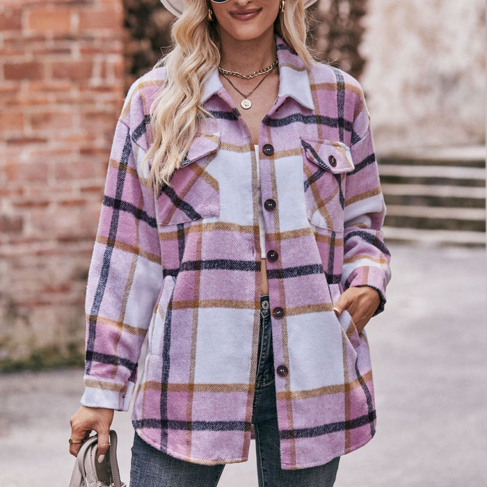 Women Autumn Winter Plaid Jacket Casual Loose Pockets Shirt