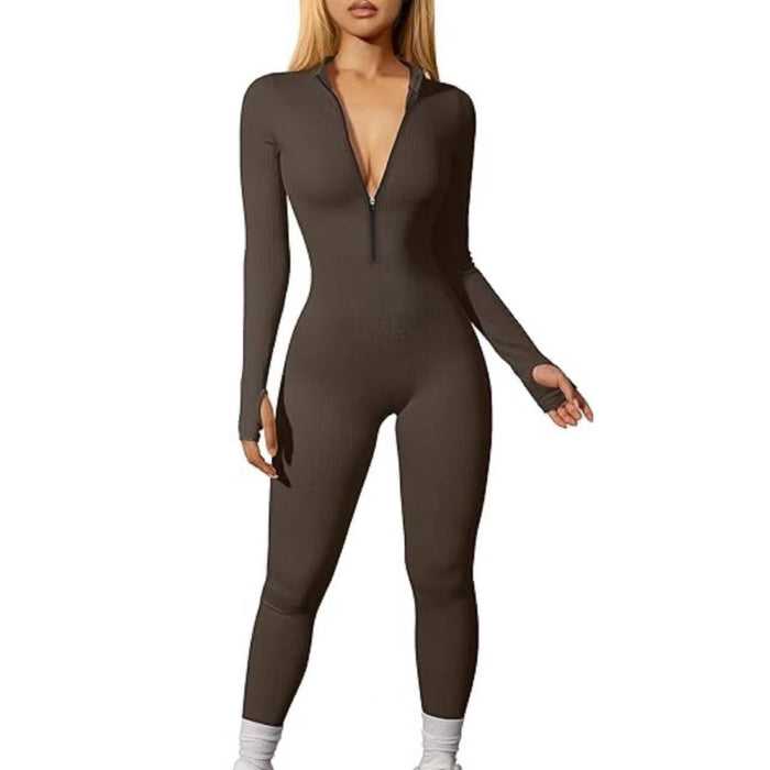 Women Sports Jumpsuit Workout Ribbed Long Sleeve Zipper Casual Jumpsuit Trousers Tight