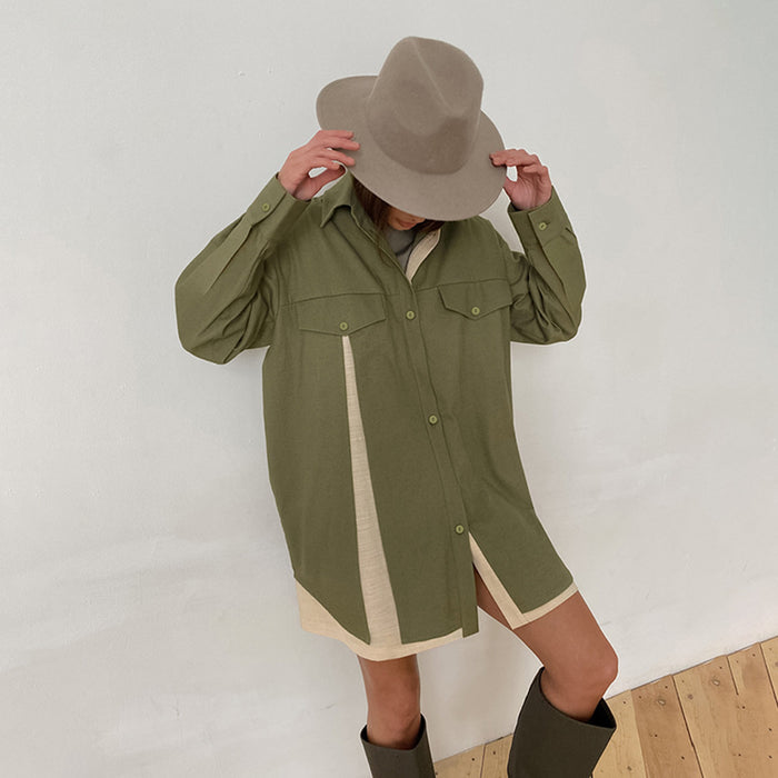 Long Sleeve Long Shirt Stitching Contrast Color Niche Women Clothing Retro Design Shirt Dress Women Clothing