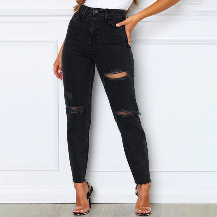 Women Clothes Washed Blue Black Hand Frayed Trousers Urban Casual Straight Leg Ankle Banded Cotton Jeans