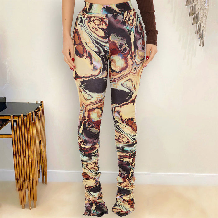 Summer Ladies Skinny Print High Waist Irregular Asymmetric Pleated Women Trousers