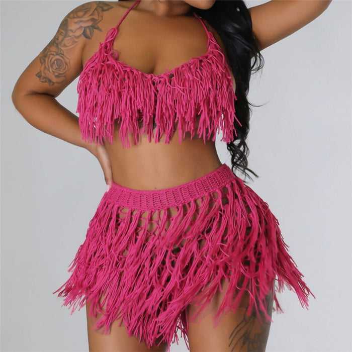 Summer Tassel Sexy Wrapped Chest See through High Waist Hip Lift Shorts Set for Women