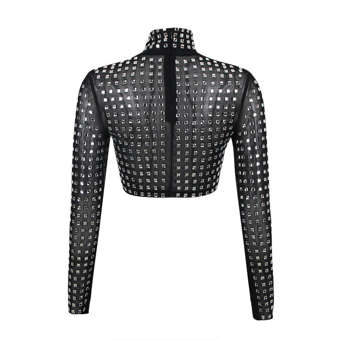 High Collar Mesh Beads Long Sleeved T Shirt Women Sexy Cropped Sexy Top Short