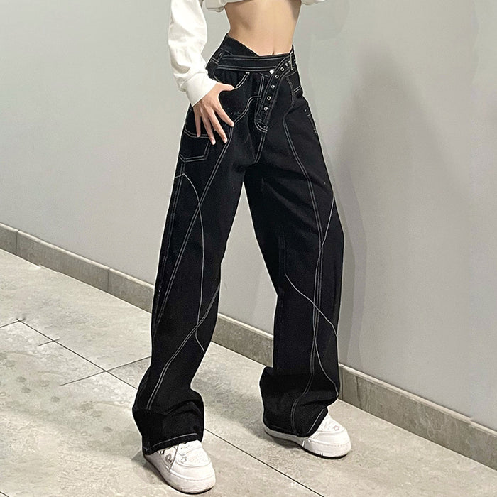 Women Unique Design Bright Line Denim Straight-Leg Pants Loose Wide Leg Mop Pants Low Waist Slimming Trousers