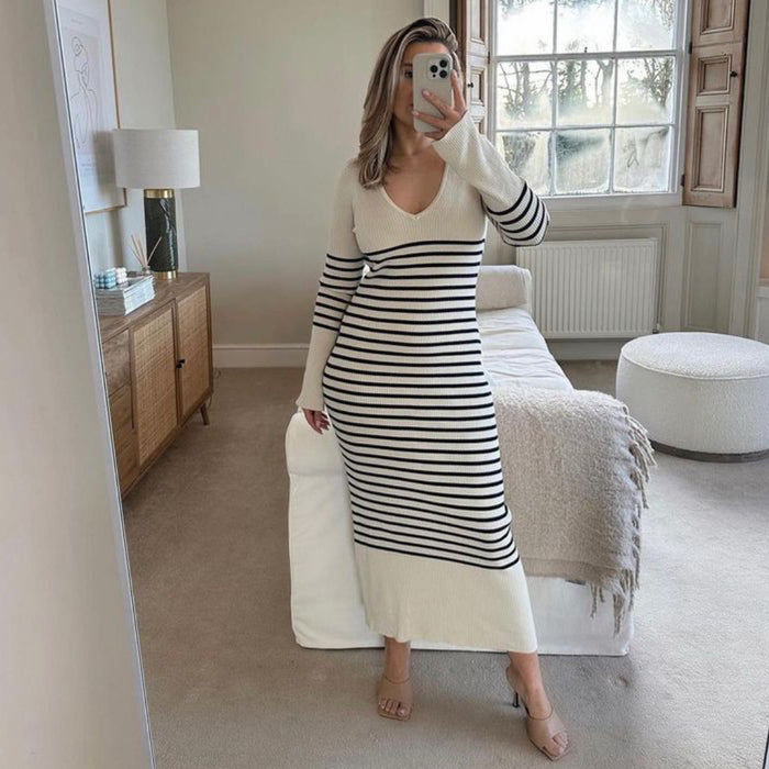 Knitted Dress V Neck Casual Dehaired Angora Covering Yarn Waist Tight Sunken Stripe Slimming Stripes Knitted Dress Women