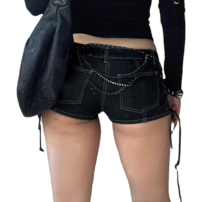 Street Sexy Low Waist Side Lace up Cutout Pure Pants Personality Denim Super Short Shorts