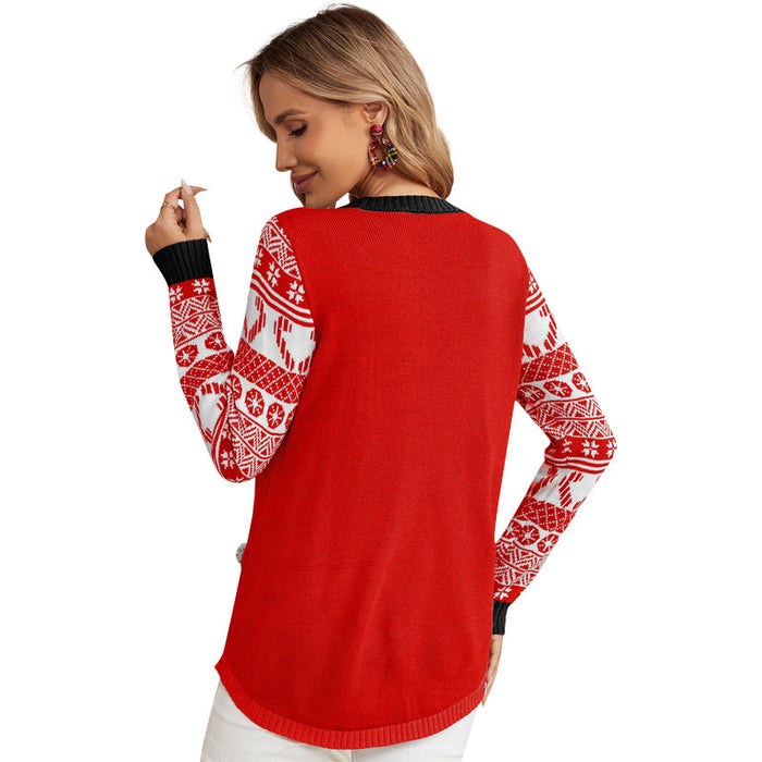 Autumn Winter Jacquard Pullover Christmas Christmas Sweater Cartoon Kitten Embroidered Red Sweater