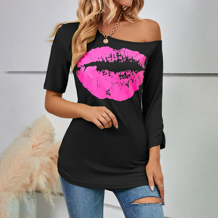 Lip Printings Short Sleeved T shirt Women off Shoulder Irregular Asymmetric Sleeve Length Slim Top Summer