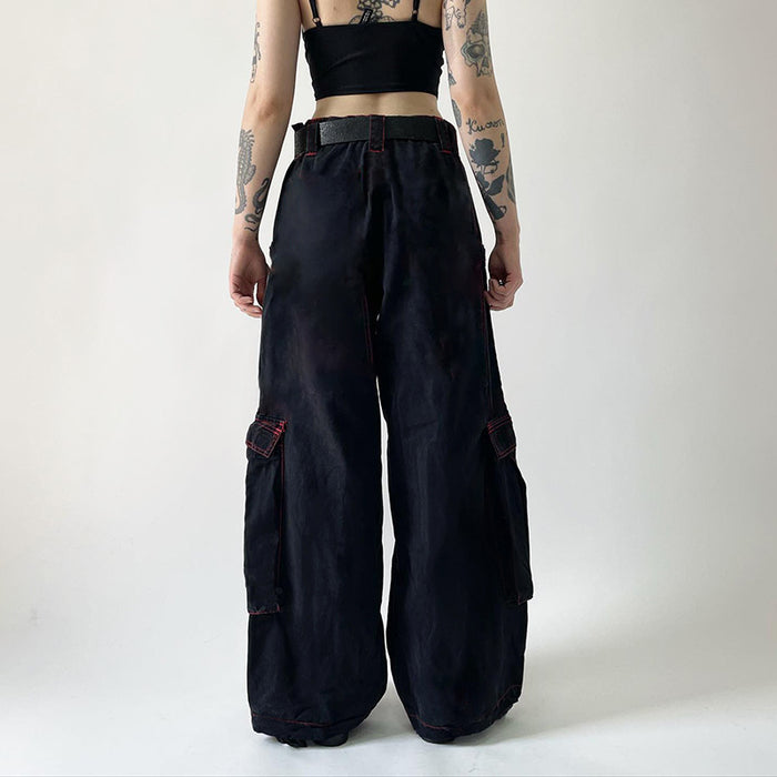 Niche Dark Heavy Industry Metal Ribbon Large Pocket Overalls Women High Waist Drooping Loose Mop Jeans No Belt