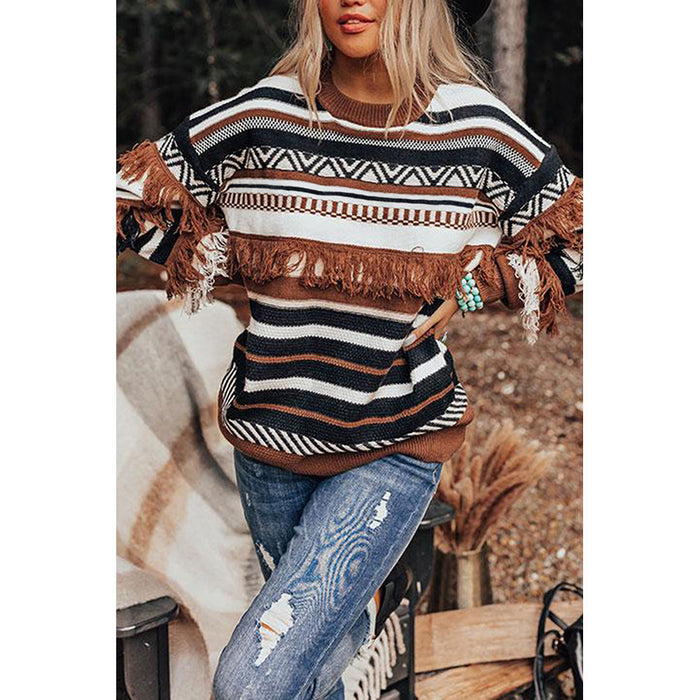 Multi Color round Neck Striped Tassel Sweater Women Winter Long Sleeve Sweater