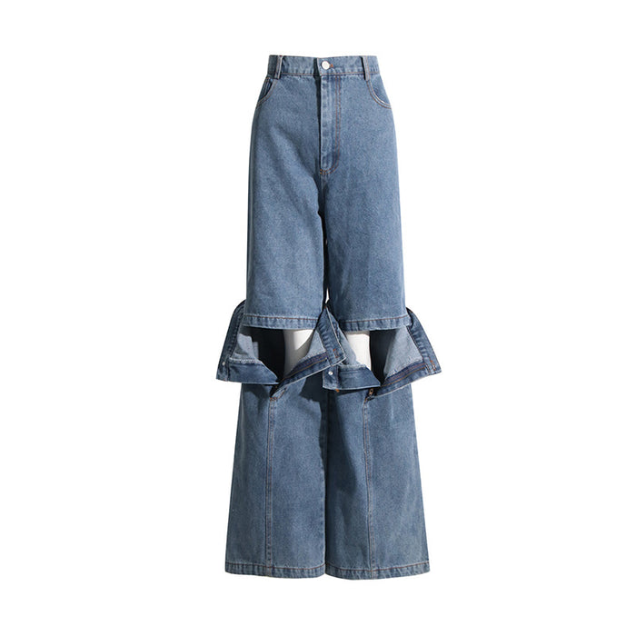 Autumn Korean Washed Cotton Jeans Deconstruction Stitching Straight Leg Pants Narrow Elastic Wide Leg Pants Trousers