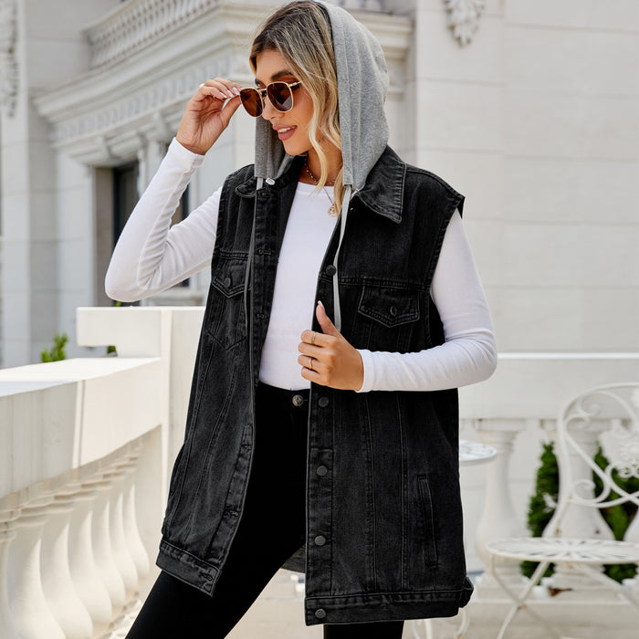 Retro Denim Vest Coat Hooded Detachable Loose Casual Women