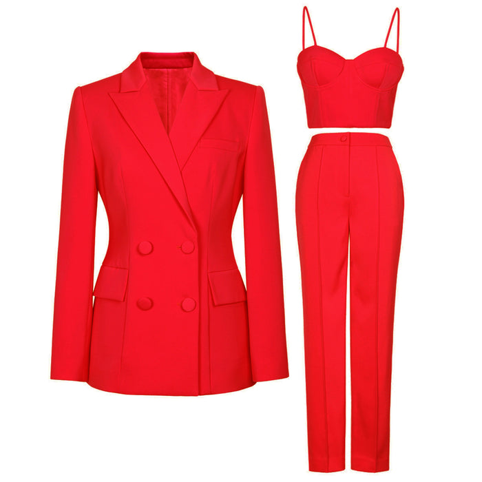 Autumn Winter High Quality Office Red Festive Professional Lady Suit Set Three Piece Set