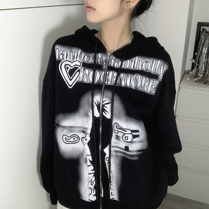 Dark Printed Contrast Color Loose Large Hooded Sweater Autumn Long Sleeve Coat