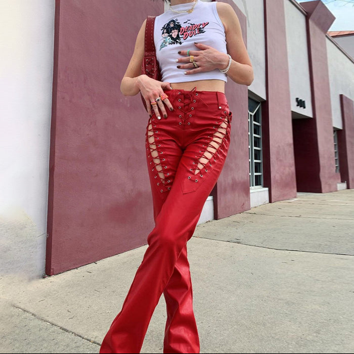 Summer Trends Women High Waist Hollow out Strap Straight Ankle Tied Slim Fit Figure Flattering Leather Pants