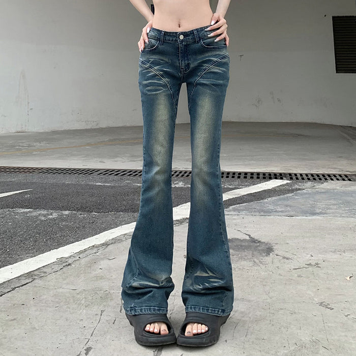 Street Design Gradient Split Stitching Bell Bottom Pants Sexy High Waist Slimming Worn Looking Washed out Jeans