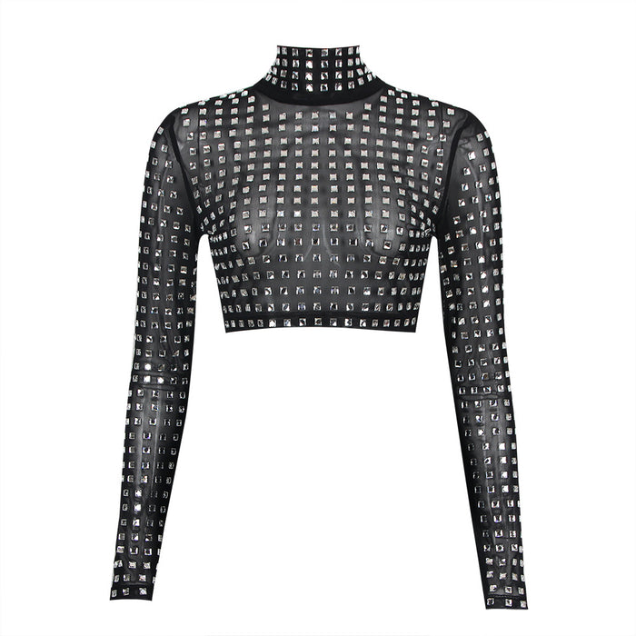 High Collar Mesh Beads Long Sleeved T Shirt Women Sexy Cropped Sexy Top Short