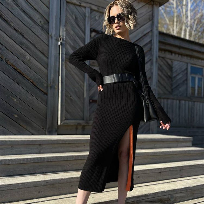 Split Color Matching Tight Fall Winter Sweater Dress Long Sleeve Knitted Midi Dress