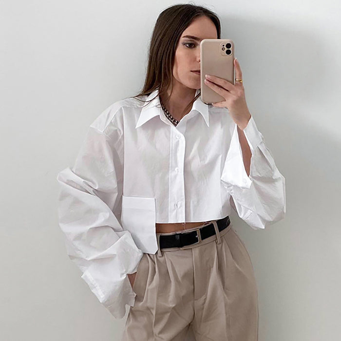 Autumn Cropped Asymmetric Stitching Casual Dignified Sense of Design Short Model in White Color Shirt Women Clothing