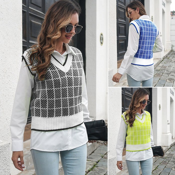 Plaid V-neck Vest Sweater Women Vest Outer Wear Inner Wear Autumn Winter Striped Knitwear Sweater