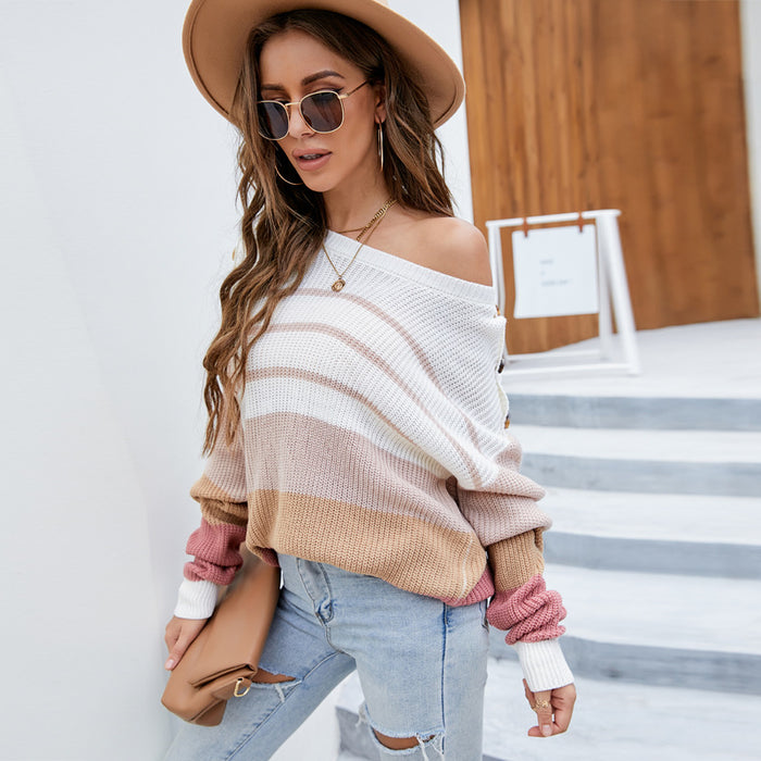 Sweater Women Autumn Winter Loose-Fitting Striped Long Sleeves Sweater round Neck Pullover Knitted Sweater