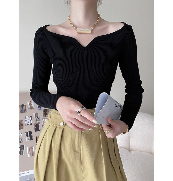 Petal Collar Short Sweater for Women Autumn Slim Fit Collarbone Bottoming Shirt