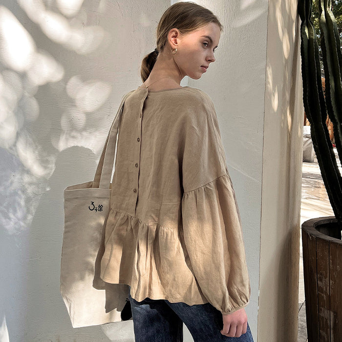 Fall Linen round Neck Doll Shirt Loose Lantern Sleeve Special   Artistic Shirt Women Clothing