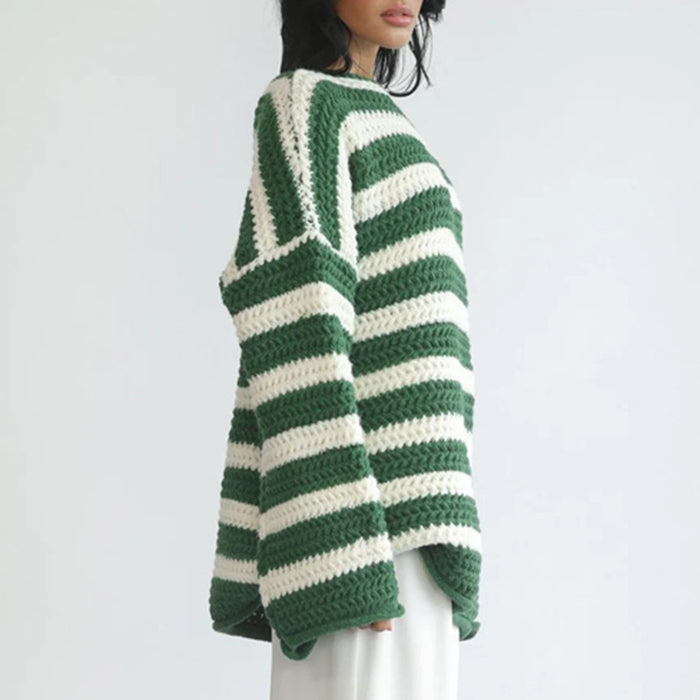 Autumn Winter Coat Loose off Shoulder Striped Long Sleeved Knitted Pullover Casual Sweater for Women