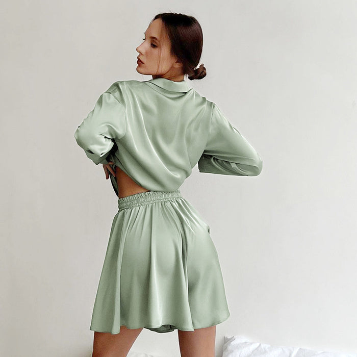 Autumn Artificial Silk Collared Comfortable Outdoor Long Sleeved Shorts Pajamas Two Piece Homewear