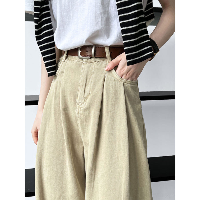 Retro Workwear Khaki Jeans Women  High Grade Casual Wide Leg Draggle Tail Trousers Trendy