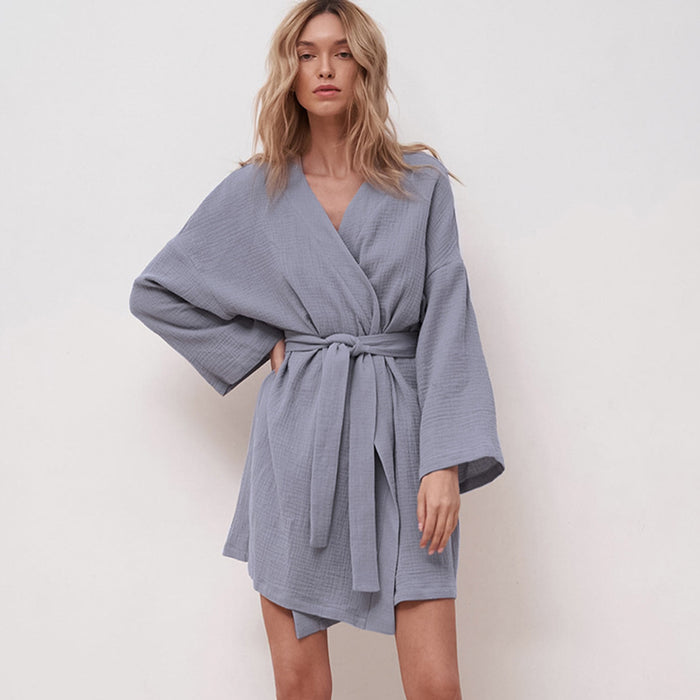 Autumn Long Sleeve Bathrobe Robe Double Layer Crepe Pajamas Women  Summer Home Sauna Clothes Sweat Steaming Bathrobe