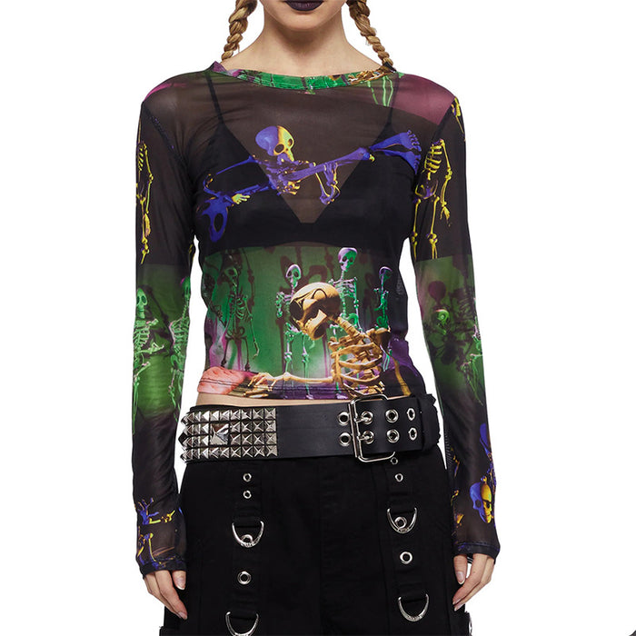 Halloween Skull Funny Printed Mesh round Neck Pullover Top Women Autumn