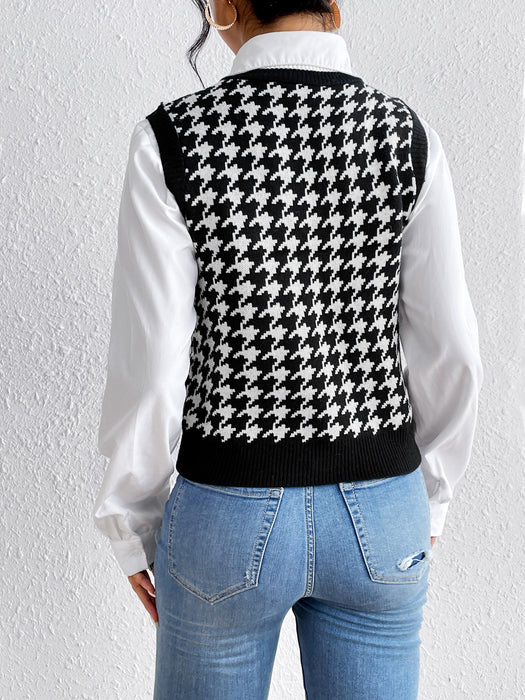 Autumn Winter Simple Contrast Color Matching Houndstooth Pullover Vest Knitted Sweater