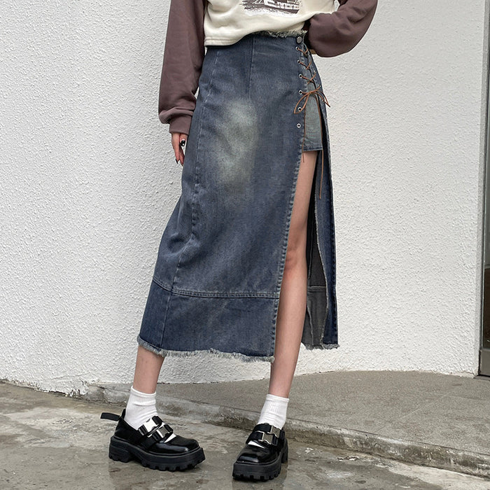 Street Hipster Sexy Personality Stitching High Waist with Straps Denim Skirt Side Slit Distressed Frayed Tooling Skirt