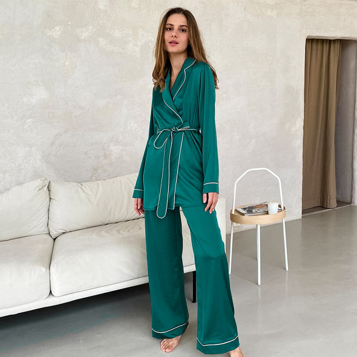 Autumn Satin Long Sleeve Cardigan Lace up Pajamas Robe Women Home Wear Loose Trousers Pajamas Suit