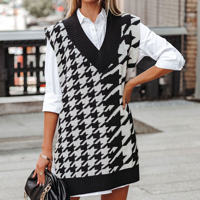 Autumn Winter New Houndstooth V-neck Loose Sweater Ladies Vest Vest