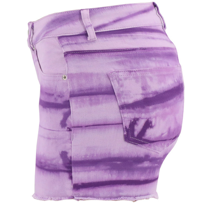 Spring  Light Purple Dyed Street Hipster Washed Mid-Waist Women Short Jeans