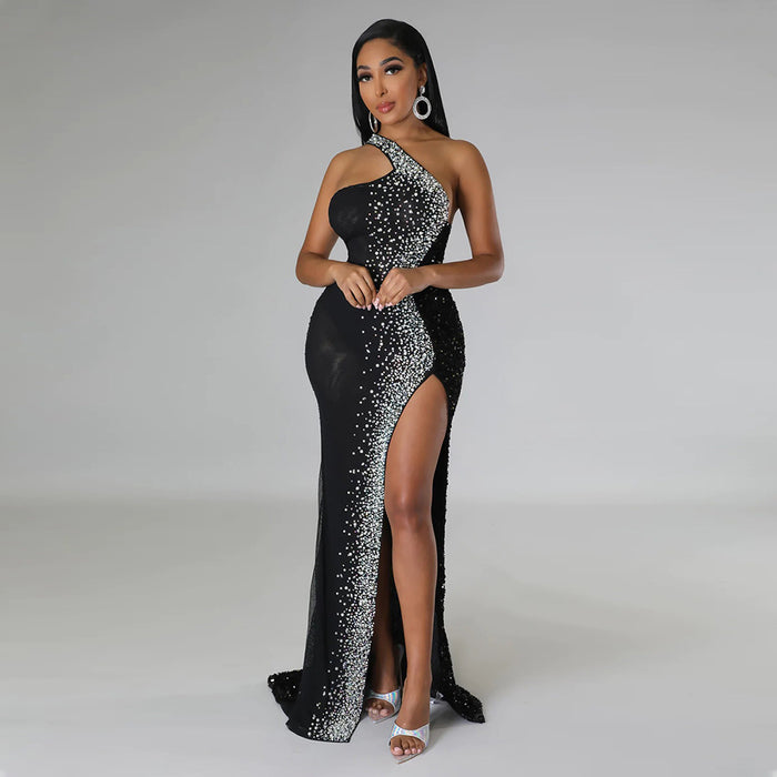 High Slit Rhinestone Party Evening Dress Women Dress Long