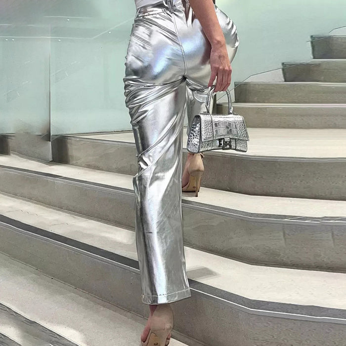 Metallic Coated fabric Women  Autumn Street High Waist Reflective Faux Leather Pants Women  Trendy Pants