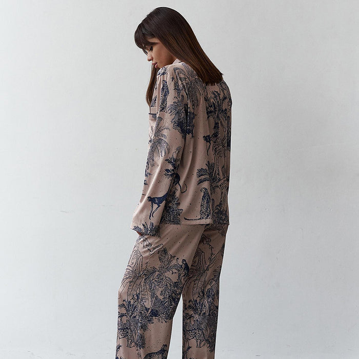 Autumn Imitated Silk Pajamas Long Sleeved Trousers Two Set Loose Comfort Printing Home Wear for Women