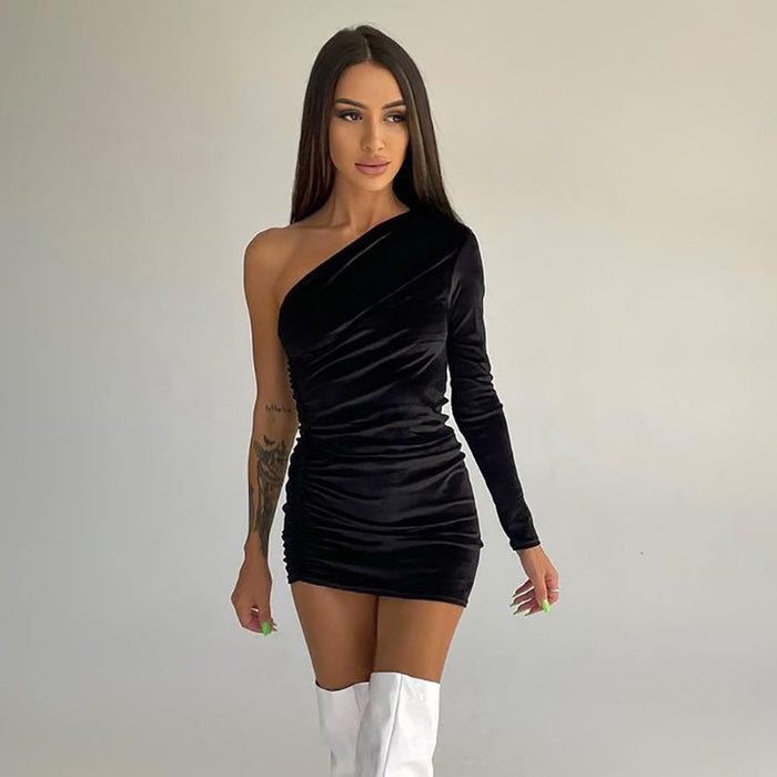 Women Autumn Winter One Shoulder Long Sleeve Ruched Slim Dress