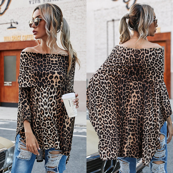 Spring Autumn Women Clothing Off Shoulder Strapless Sexy Loose Top Leopard Print T shirt Multi Wear