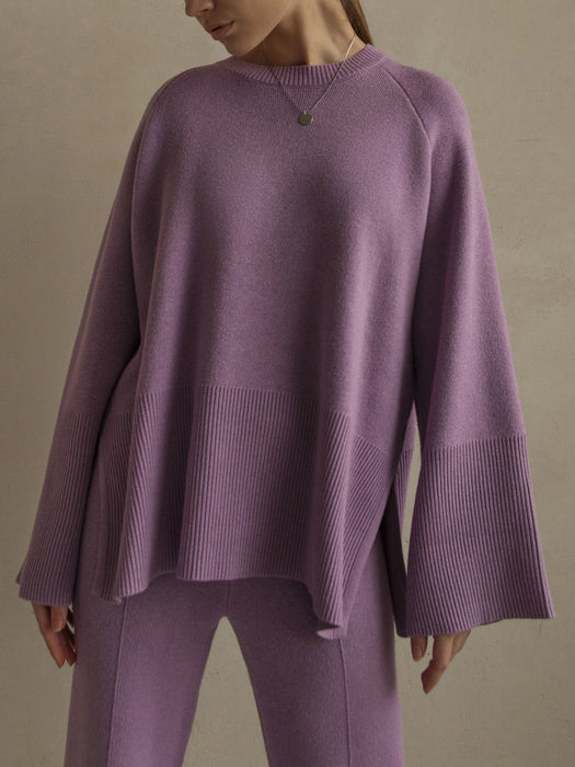 Autumn Winter Flared Sleeves round Neck Slit Loose CoreSpun Yarn Set