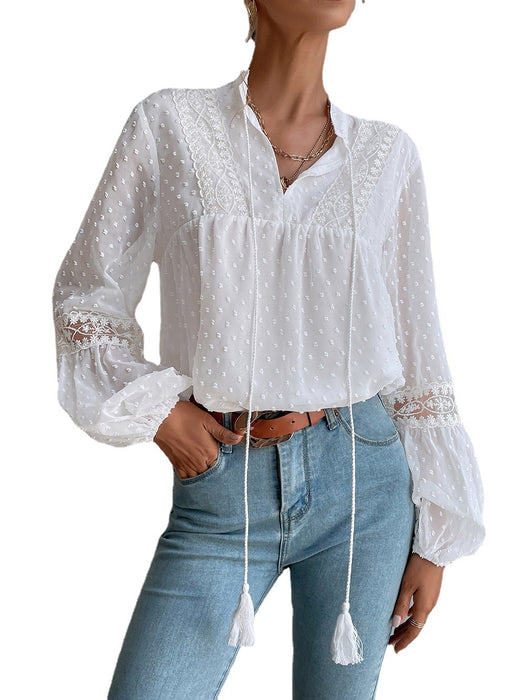 Autumn New Polka Dot Chiffon Lace Stitching Loose Office Women Shirt