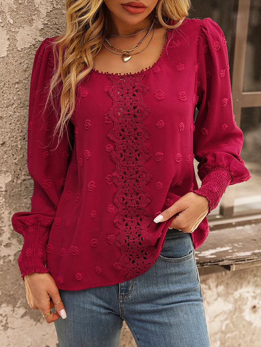 Women Round Neck Puff Sleeve Big Polka Dot Stitching Lace Smocking Shirt